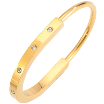 Minimalist Gold Lock Bracelet with Rhinestone Details, Stainless Steel Open Cuff Bangle for Women, Chic Everyday Jewelry
