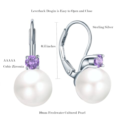 JO WISDOM 925 Sterling Silver Cubic Zirconia Freshwater Cultured Pearl Drop & Dangle Leverback Earrings - color: 10mm,amethyst color