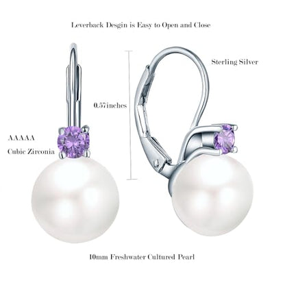 JO WISDOM 925 Sterling Silver Cubic Zirconia Freshwater Cultured Pearl Drop & Dangle Leverback Earrings - color: 10mm,amethyst color