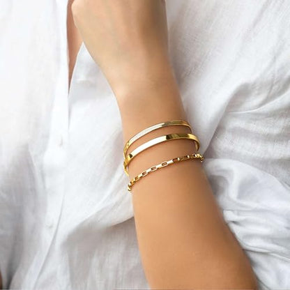 Dainty Gold Bracelet for Women Trendy Non Tarnish, Thin Bracelets Stackable Set with Bangle Cuff, Box, Herringbone, Paperclip, Figaro, Sparkling Link Chains Waterproof, Simple Jewelry Gifts for Women - color: style 04-gold