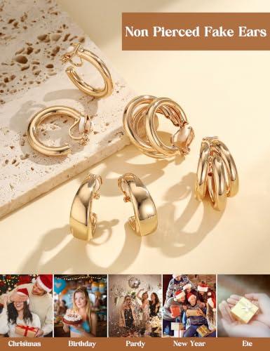 Giovanchi 3Pairs Clip on Earrings for Women with Non-Pierced Ears - Trendy Hypoallergenic 14K Gold Plated Chunky Tube Croissant Waterdrop Clip on Hoop Earrings - style: B-Gold