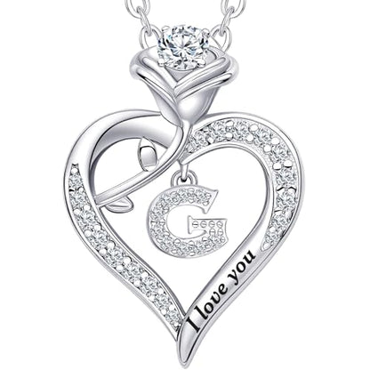 Rose Heart Pendant Necklace Gifts for Wife, Engraved 'I love you' Gift for Wife Girlfriend, Anniversary Birthday Eternity Jewelry Present for Women, Moissanite Necklace Gift for Her - style: G