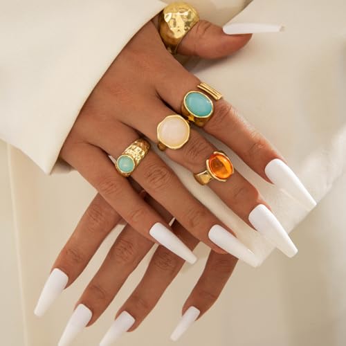 Chunky Gold Gemstone Ring Set for Women Adjustable Stackable Statement Rings Punk Geometric Turquoise Minimalist Jewelry - style: A-Gold