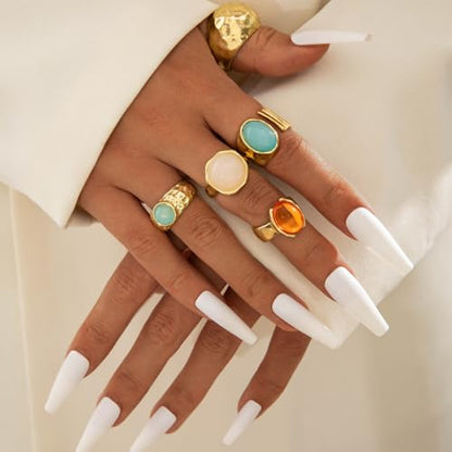 Chunky Gold Gemstone Ring Set for Women Adjustable Stackable Statement Rings Punk Geometric Turquoise Minimalist Jewelry - style: A-Gold