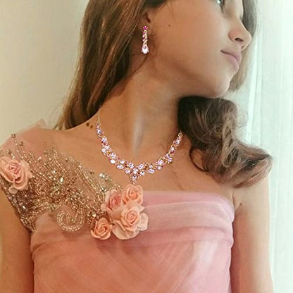 Wedding Statement Necklace Clip-on Earrings Jewelry Set | Sparkling Austrian Crystal Teardrop Cluster for Party Prom Accessories - color: 11-Pink Gold-Tone