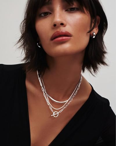 Layered Toggle Necklace for Women, 3-Chain Stack | Gold/Silver-plated necklace set with paperclip, rope, and herringbone chains plus a toggle clasp for daily wear and parties - color: Silver