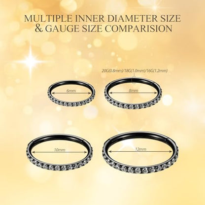 PEAKLINK Nose Ring 316L Surgical Steel Helix Cartilage Conch Earring with Gem Septum Clicker Daith Rook Tragus Lip Belly Ear Lobe Piercing Jewelry Nose Hoop, Diameter 5mm to 12mm - color: Black with Clear CZ