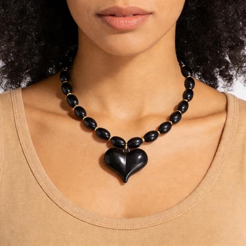 Chunky Beaded Necklaces for Women Trendy Colorful Acrylic Bead Statement Necklace Puffy Heart Pendent Necklaces for Women Boho Fashion Jewelry - color: B-black