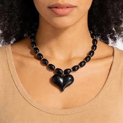 Chunky Beaded Necklaces for Women Trendy Colorful Acrylic Bead Statement Necklace Puffy Heart Pendent Necklaces for Women Boho Fashion Jewelry - color: B-black
