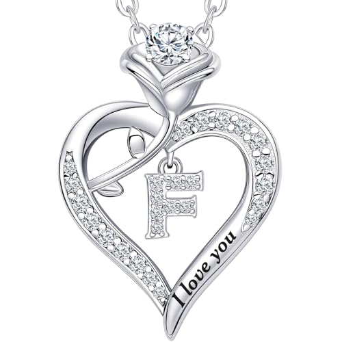 Rose Heart Pendant Necklace Gifts for Wife, Engraved 'I love you' Gift for Wife Girlfriend, Anniversary Birthday Eternity Jewelry Present for Women, Moissanite Necklace Gift for Her - style: F