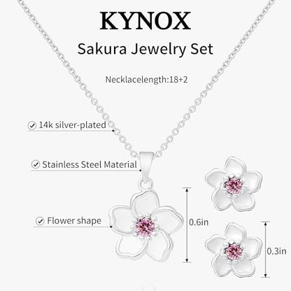 Flower Necklace Earrings Set for Women 14K Gold Plated Hypoallergenic Sets Pair with Different Birthstones for Wedding Party Bridal Bridesmaid Accessories Teacher Valentine Gifts - color: Silver