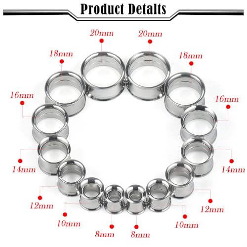 12G-25mm Double Flare Thin Gauges Tunnels Plugs Stretching Kit 316L Surgical Stainless Steel Hollow Gauge Tunnel Plug for Ear 12G 10G 8G 6G 4G 2G 0G 00G 12mm 14mm 16mm 18mm 20mm 22mm 25mm - color: Silver Tone, size: 0G(8.0mm)-22mm