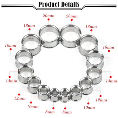 12G-25mm Double Flare Thin Gauges Tunnels Plugs Stretching Kit 316L Surgical Stainless Steel Hollow Gauge Tunnel Plug for Ear 12G 10G 8G 6G 4G 2G 0G 00G 12mm 14mm 16mm 18mm 20mm 22mm 25mm - color: Silver Tone, size: 0G(8.0mm)-22mm