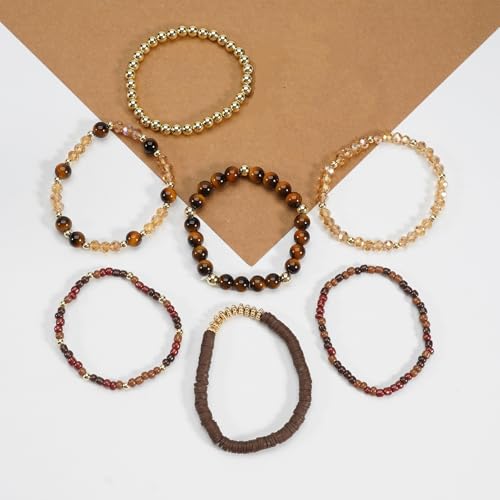 7/12Pcs Set Bohemian Stackable Crystal Seed Beaded Elastic Stretch Bracelet Multilayerd Handmade Brass Bead for Women Jewelry Surfer Heishi Polymer Clay Layering - color: brown