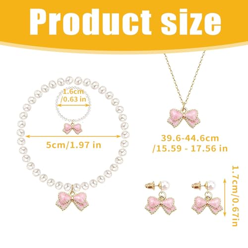 4PCS Pink Pearls Necklace Earrings Bracelet Ring Set Elegant Bow Adorned Jewelry Set for Women Valentine's Day & Special Occasions