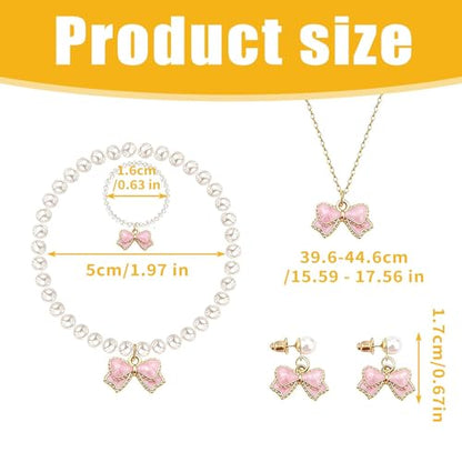 4PCS Pink Pearls Necklace Earrings Bracelet Ring Set Elegant Bow Adorned Jewelry Set for Women Valentine's Day & Special Occasions