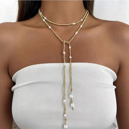 Long Wrap Necklaces for Women Dainty Layered Pearl Chain Necklace Turquoise Wrap Necklaces Long Lariat Necklace Statement Y-shaped Beaded Choker Trendy Costume Jewelry Accessories - color: Gold pearl