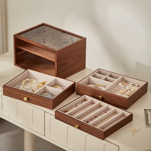 Black Walnut Wooden Women Jewelry Box with Glass Lid, 3 Layer | Blue Floral Glass Lid, Wood Drawer Jewelry Organizer for Women, For Necklaces, Watch, Ring, Earring Storage,Ideal Gift - style: 3 Layer B