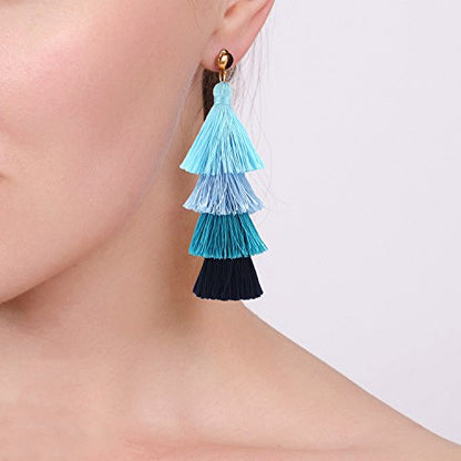 BaubleStar Bohemian Layered Tassel Drop Earrings for Women | Lightweight Statement Party Festival Jewelry - color: Blue Ombre