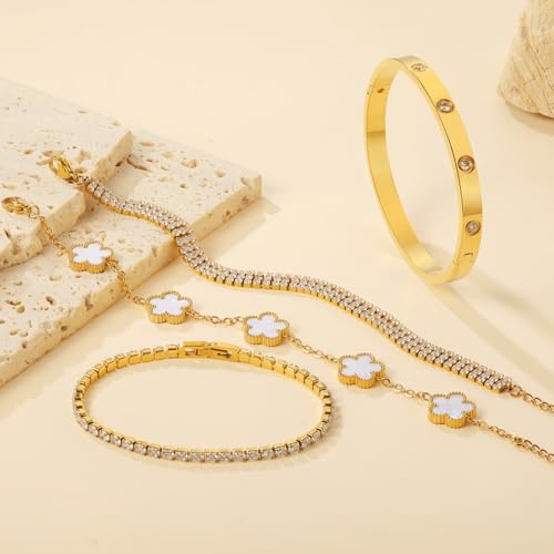18 K Gold Plated Love Bangle Bracelet Stack for Women,Set of 4 Floral Clover Chain, Tennis Crystal &Gold Stackable Bangle Bracelet -Adjustable Layered Jewelry Gift for Wife Valentines Mother's Day-MVCOLEDY - color: White Flower CZ