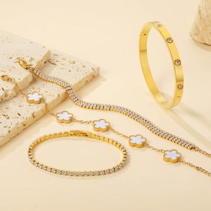 18 K Gold Plated Love Bangle Bracelet Stack for Women,Set of 4 Floral Clover Chain, Tennis Crystal &Gold Stackable Bangle Bracelet -Adjustable Layered Jewelry Gift for Wife Valentines Mother's Day-MVCOLEDY - color: White Flower CZ