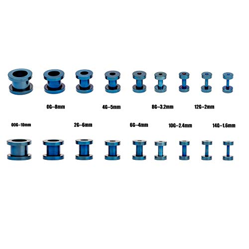 18PCS Ear Tunnels Kit Stainless Steel Screw Fit 14G-00G Gauges Plugs Set Double Flared Stretcher Expander Body Piercing Jewelry - color: Blue