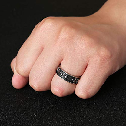 HZMAN 8mm Moon Star Sun Statement Ring Stainless Steel Boho Jewelry for Women Men - color: Silver