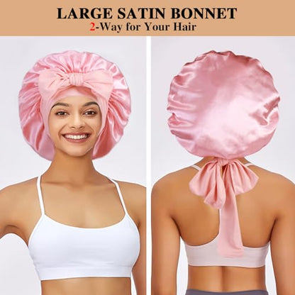 2+3 Large Satin Bonnets with Scrunchies for Women, Hair Bonnet Sleeping Tie Bonnet for Braids Curly Hair - color: C - Black, Blush Pink