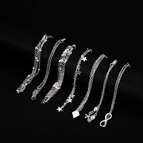 Softones 16Pcs Ankle Bracelets for Women Gold Silver Two Style Chain Beach Anklet Bracelet Jewelry Anklet Set,Adjustable Size - color: A:Silver