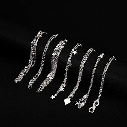 Softones 16Pcs Ankle Bracelets for Women Gold Silver Two Style Chain Beach Anklet Bracelet Jewelry Anklet Set,Adjustable Size - color: A:Silver