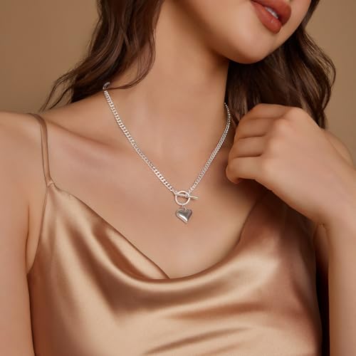 Airmb Heart Necklace for Women Gold/Silver Plated Trendy Heart Choker Lover Pendant Hypoallergenic Fashion Gold/Silver Necklace for Women Love Jewelry Gift for Women Girlfriend - color: Cuban-Chain-Silver