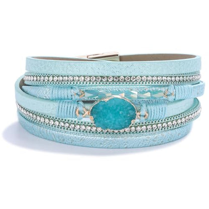 Boho Chunky Leather Wrap Bracelets Stackable Beaded Western Country Jewelry | Crystal Bead Trendy Layered Cuff Magnetic Clasp Stack Bohemian Statement Costume Outfits Cowgirl Fashion Hippie Accessories - color: Teal, size: 14.7"