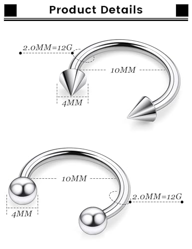 F136 Titanium 20/18/16/14/12/8/4/2g Septum Nose Rings Gauge Earrings Lip Rings Prince Albert Jewelry Internally Threaded Horseshoe Hoop Piercings - size: 12g*10mm
