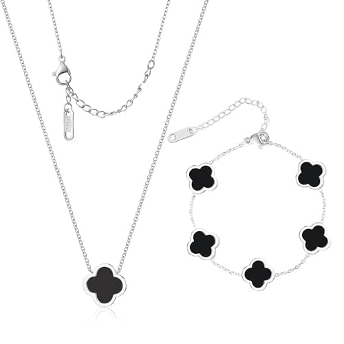 Delicacy Clover Bracelets Necklace Set:Clover Necklaces Clover Bracelet Women Link Bracelets Cute Gold Jewelry - color: Silver-Black