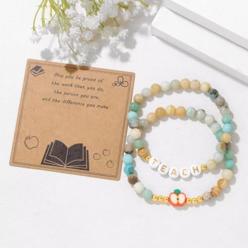 Teacher Appreciation Bracelet Gifts for Women, Stone Beaded Stretch Bracelets Set Thank You Teacher Gifts Retirement Teachers' Day Jewelry - color: Green