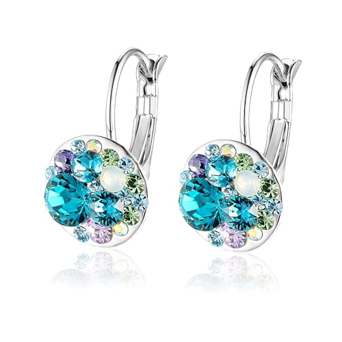 Multicolored Austrian Crystal Leverback Earrings for Women 14K Gold Plated Dangle Hoop Earrings Hypoallergenic Jewelry - color: Blue Green Crystals/Silver-tone