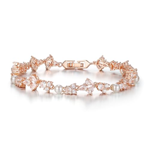 EVER FAITH Cubic Zirconia Pearl Bridal Prom Tennis Bracelet for Women | Elegant Pear CZ Wedding Jewelry Gift, for Bride Bridesmaid - style: Floral_Rose Gold-Plated-Brass