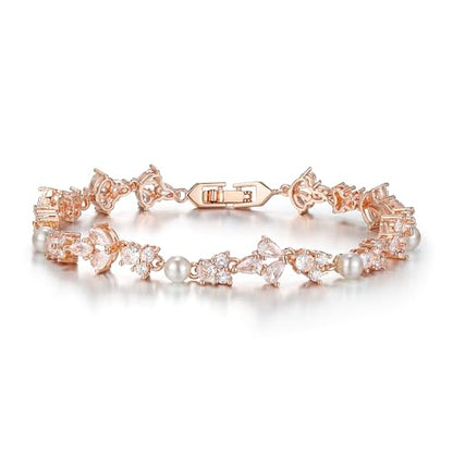 EVER FAITH Cubic Zirconia Pearl Bridal Prom Tennis Bracelet for Women | Elegant Pear CZ Wedding Jewelry Gift, for Bride Bridesmaid - style: Floral_Rose Gold-Plated-Brass
