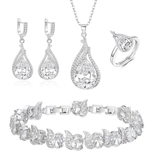 Jewelry Set for Bride, Sparkling Water Drop Cubic Zirconia Crystal Pendant Necklace Leverback Earrings Tennis Bracelet Adjustable Ring Gift for Wedding/Birthday/Mother's Day/Christmas - color: 17-Clear