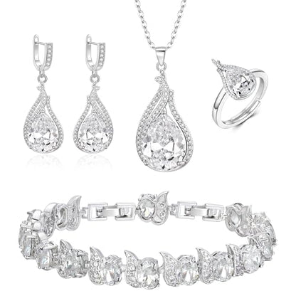 Jewelry Set for Bride, Sparkling Water Drop Cubic Zirconia Crystal Pendant Necklace Leverback Earrings Tennis Bracelet Adjustable Ring Gift for Wedding/Birthday/Mother's Day/Christmas - color: 17-Clear
