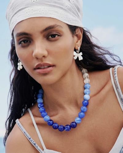 Chunky Beaded Necklace for Women Boho Statement Bead Necklace | Adjustable, Lightweight Choker, Round/Oval/Pebble Beads, Trendy Summer Beach Jewelry - color: Blue Ombre