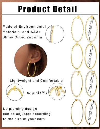 4 Pairs Clip on Hoop Earrings for Women CZ Twist Fake Hoop Earring Sets Spring Hoops for Non Pierced Ears Gold Tone 30/40/50/60/70mm - size: 60/70mm