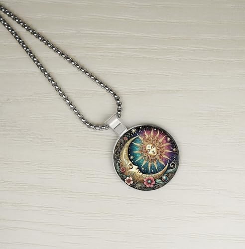 Intricate Highly Detailed Small Rainbow Celestial Sun Moon Boho Printed Pendant, Stainless Steel Chain Necklace, Length Choices - size: 20 inches long