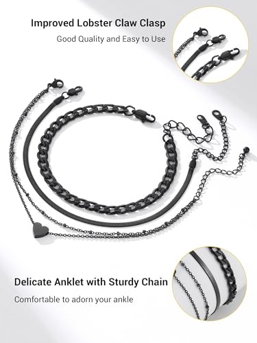 PROSTEEL Trendy Handcuffs Design/Customize Words Ankle Bracelet For Women, 316L Stainless Steel Anklets Silver/Gold/Black Tone, Hypoallergenic, Come with Box - style: 07.3 Layered-Cuban&Herringbone&Heart-Black