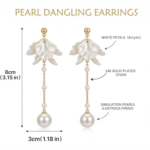 Kruckel Long Dangle Earrings for Women, White Floral Pearl-Inspired | Pearl Drop Earrings, Lightweight Gold-Tone Jewelry for Weddings, Parties, Bridesmaids, Birthdays and Occasion Gifts - color: White Gold E