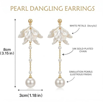 Kruckel Long Dangle Earrings for Women, White Floral Pearl-Inspired | Pearl Drop Earrings, Lightweight Gold-Tone Jewelry for Weddings, Parties, Bridesmaids, Birthdays and Occasion Gifts - color: White Gold E