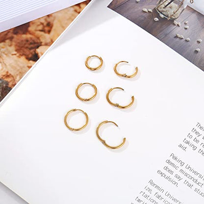 Osayia 316L Surgical Stainless Steel Small Hoop Earrings 8mm 10mm 12mm Hypoallergenic Huggie Thin Hoop Earrings Helix Lobes Hinged Sleeper Earrings Men Women for Cartilage Piercings - color: E: Gold (Diameter 8mm/10mm/12mm),3 Pairs