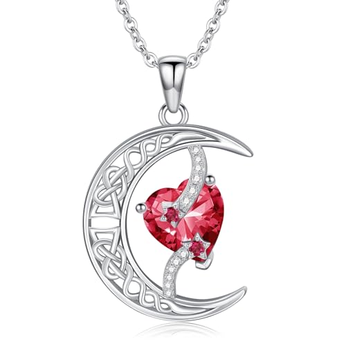 TOUPOP Moon and Star Birthstone Necklace for Women 925 Sterling Silver Celtic Moon Jewelry Birthday Mothers Day Gifts for Mom Wife Her - color: 07-July-Ruby