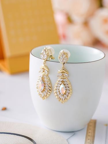 Clip On Crystal Dangle Non Pierced Earrings for Women 14K Gold Plated Jewelry - color: Jan-Garnet-Rose Gold