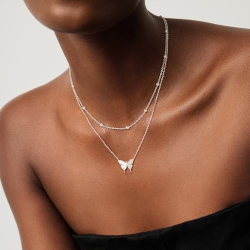 MEVECCO Dainty Choker Necklaces for Women, Beaded and Multi-Row Chains | 14K Gold Plated Brass, Select Silver Plated Brass Options, Polished And Textured Profiles For Everyday Styling - style: Beaded SLiver